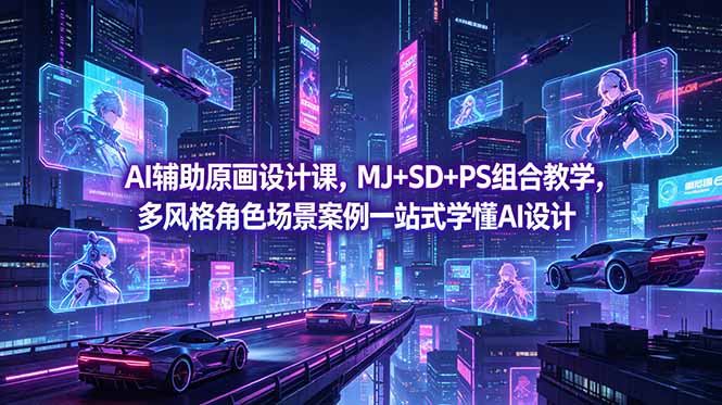 AI辅助原画设计课，MJ+SD+PS组合教学，多风格角色场景案例一站式学懂AI设计-海之城短剧项目