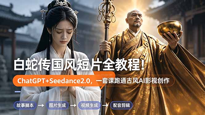 白蛇传-国风短片全教程！ChatGPT+Seedance2.0，一套课跑通古风AI影视创作-海之城短剧项目