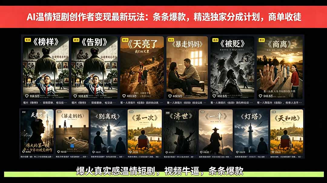 AI温情短剧创作者变现最新玩法：视频牛逼，条条爆款，精选独家分成计划，商单收徒-海之城短剧项目