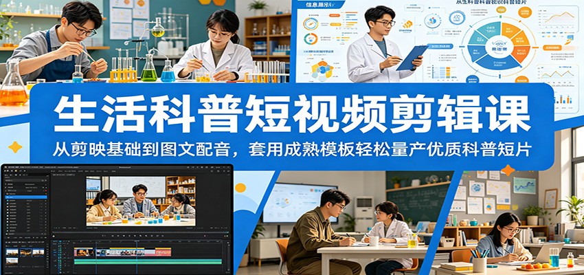 生活科普短视频剪辑课：从剪映基础到图文配音，套用成熟模板轻松量产优质科普短片-海之城短剧项目