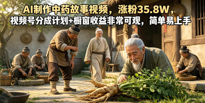 AI制作中药故事视频，涨粉35.8W，视频号分成计划+橱窗收益非常可观，简单易上手-海之城短剧项目