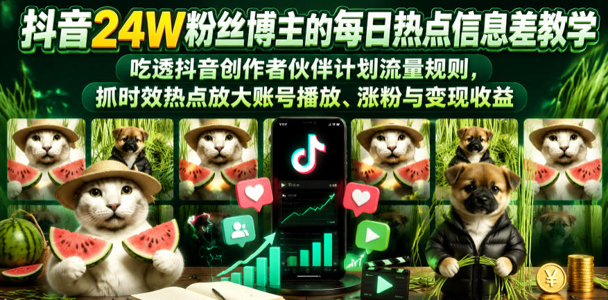 抖音24W粉丝博主的每日热点信息差教学，吃透创作者伙伴计划流量规则，抓时效热点放大账号播放、涨粉与变现收益-海之城短剧项目