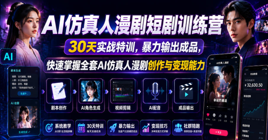 AI仿真人漫剧短剧训练营，30天实战特训，暴力输出成品，快速掌握全套AI仿真人漫剧创作与变现能力-海之城短剧项目