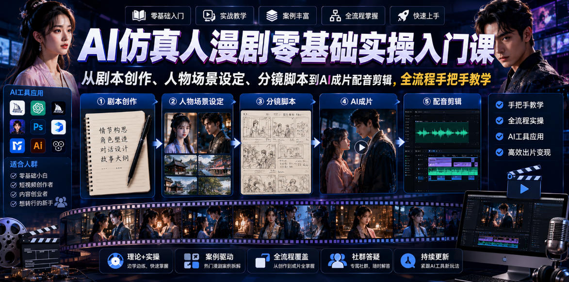 AI仿真人漫剧零基础实操入门课，从剧本创作、人物场景设定、分镜脚本到AI成片配音剪辑，全流程手把手教学-海之城短剧项目