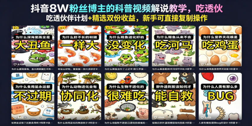 抖音8W粉丝博主的科普视频解说教学，吃透伙伴计划+精选双份收益，新手可直接复制操作-海之城短剧项目