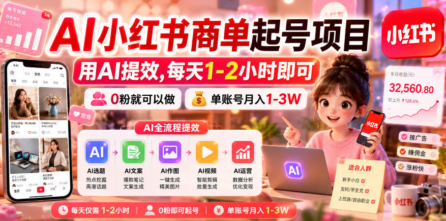 AI小红书商单起号项目，用AI提效,每天1-2小时即可，0粉就可以做，单账号月入1-3W-海之城短剧项目