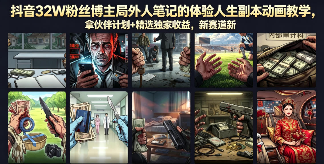 抖音32W粉丝博主局外人笔记的体验人生副本动画教学，拿伙伴计划+精选独家收益，新赛道新涨粉快【录制版】-海之城短剧项目