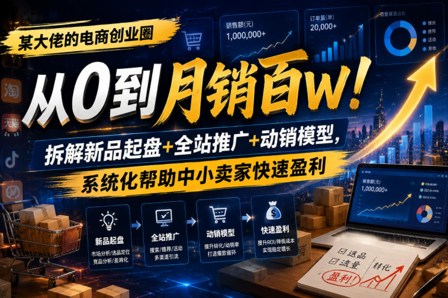 某大佬的电商创业圈从0到月销百W！拆解新品起盘+全站推广+动销模型，系统化帮助中小卖家快速盈利-海之城短剧项目