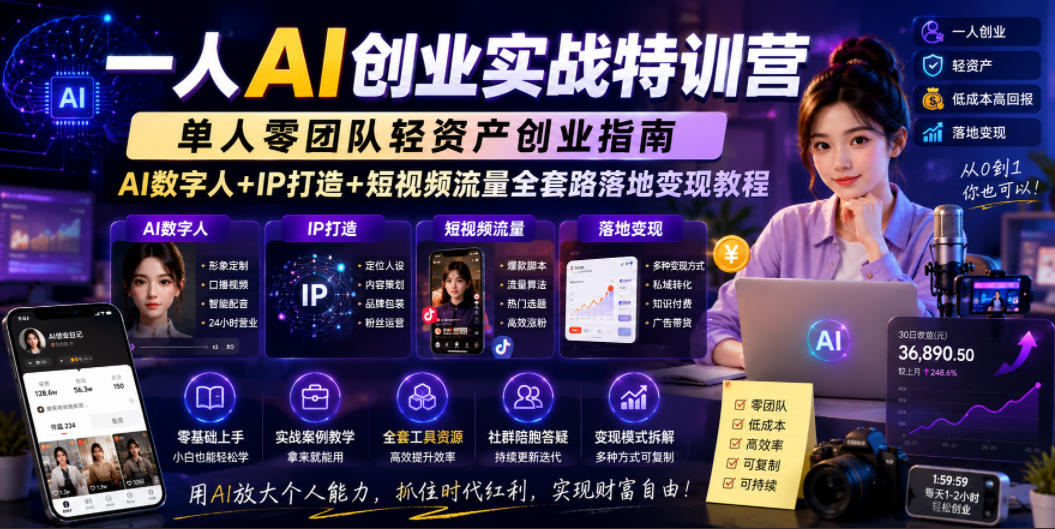 一人AI创业实战特训营，单人零团队轻资产创业指南，AI数字人+IP打造+短视频流量全套路落地变现教程-海之城短剧项目