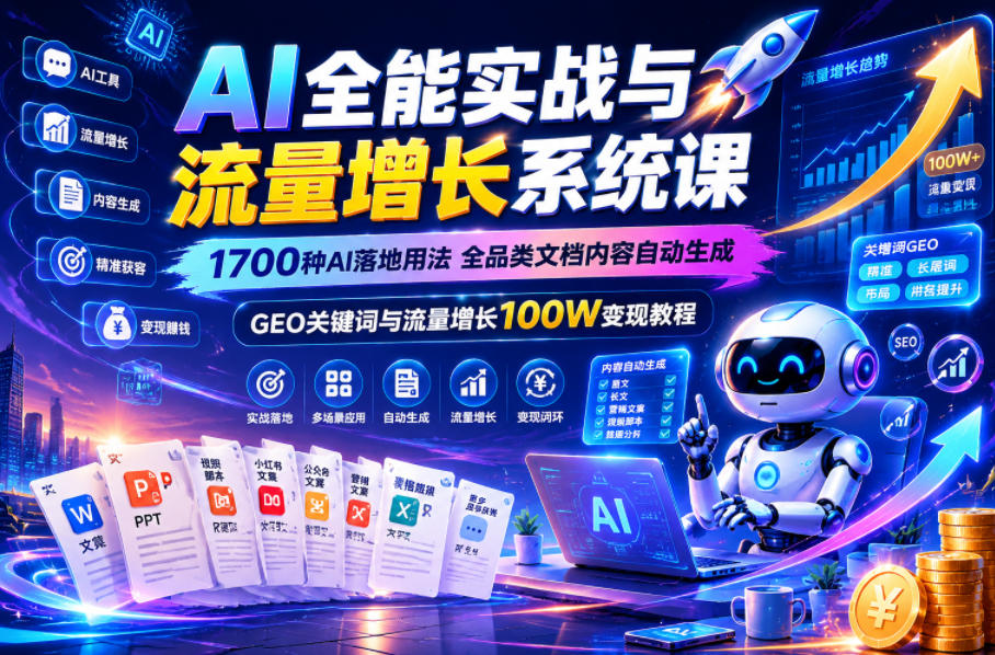 AI全能实战与流量增长系统课，1700种AI落地用法，全品类文档内容自动生成，GEO关键词与流量增长100W变现教程-海之城短剧项目