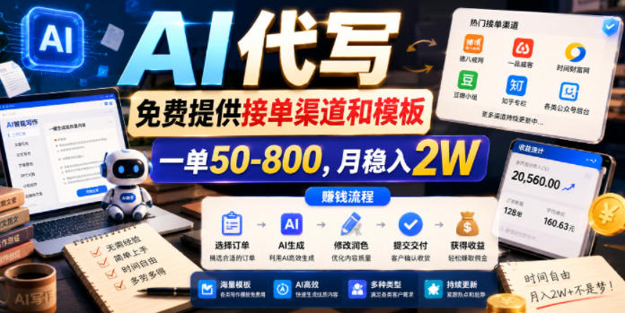 AI代写，免费提供接单渠道和模板，一单50-800，月稳入2W-海之城短剧项目
