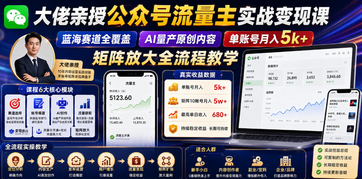 大佬亲授公众号流量主实战变现课，蓝海赛道全覆盖，AI量产原创内容，单账号月入5k+矩阵放大全流程教学-海之城短剧项目