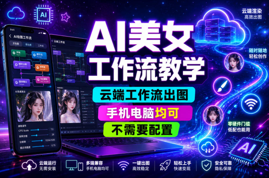 AI美女工作流教学，云端工作流出图，手机电脑均可，不需要配置，快速起号涨粉-海之城短剧项目