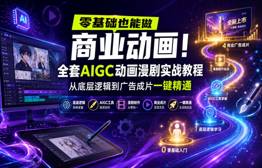 零基础也能做商业动画！全套AIGC动画漫剧实战教程，从底层逻辑到广告成片一键精通-海之城短剧项目
