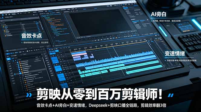 剪映从零到百万剪辑师！音效卡点+AI旁白+变速情绪，Deepseek+剪映口播全链路，剪辑效率翻3倍-海之城短剧项目