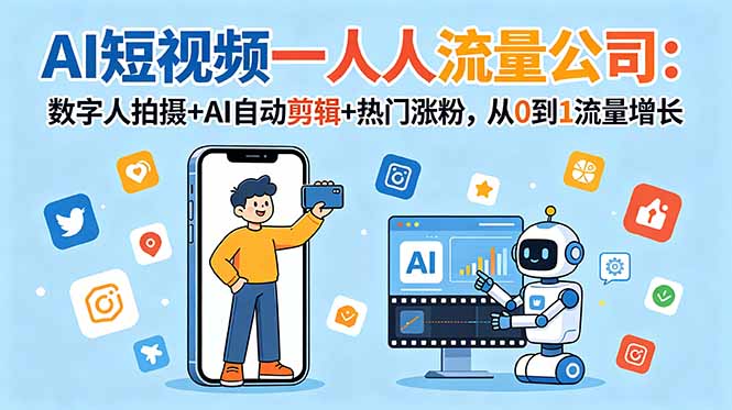 AI短视频一人流量公司：数字人拍摄+AI自动剪辑+热门涨粉，从0到1流量增长-海之城短剧项目