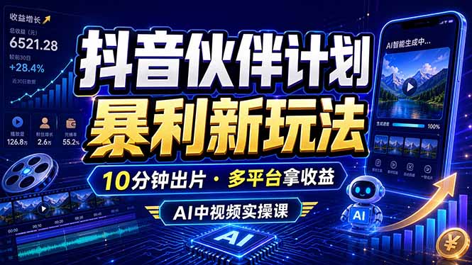 抖音伙伴计划最新玩法，无需配音剪辑，10分钟出一条原创视频，轻松日入三位数-海之城短剧项目