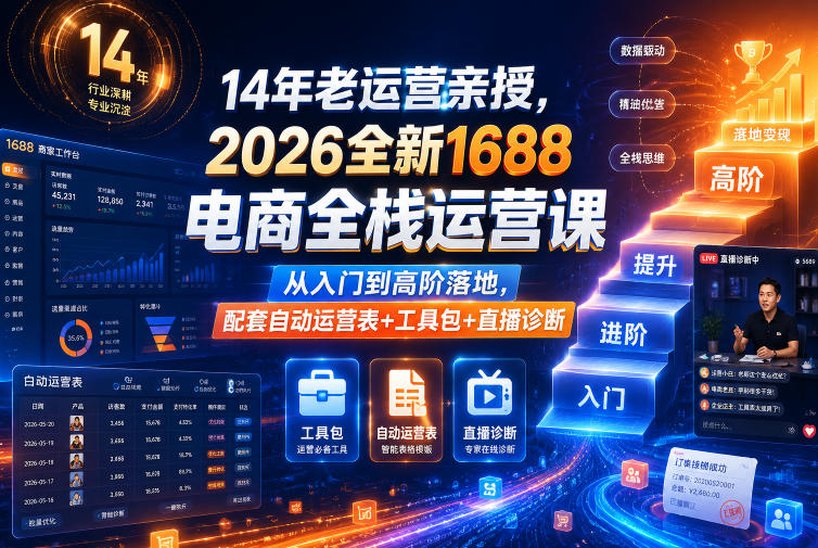14年老运营亲授，2026全新1688电商全栈运营课，从入门到高阶落地，配套自动运营表+工具包+直播诊断等-海之城短剧项目