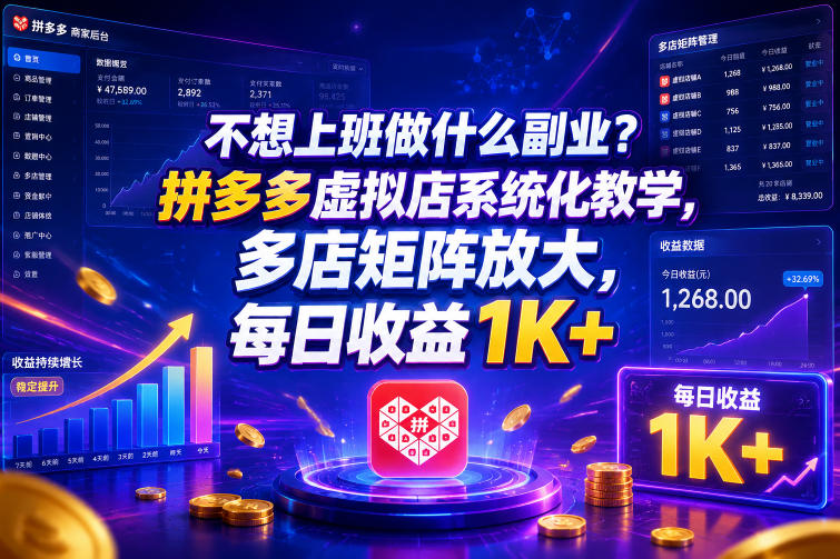 不想上班做什么副业？拼多多虚拟店系统化教学，多店矩阵放大，每日收益1K+-海之城短剧项目