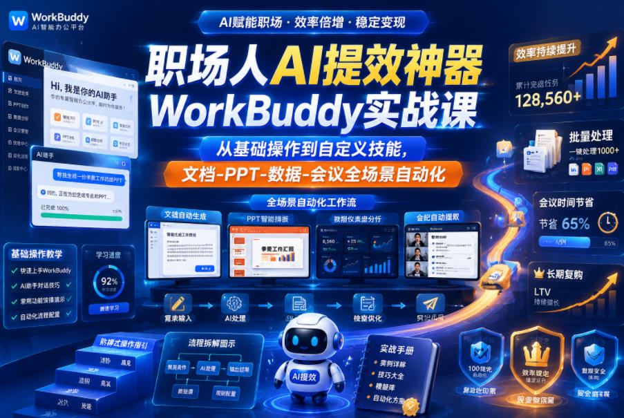 职场人AI提效神器WorkBuddy实战课，从基础操作到自定义技能，文档-PPT-数据-会议全场景自动化-海之城短剧项目