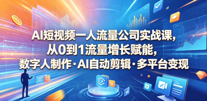 AI短视频一人流量公司实战课，从0到1流量增长赋能，数字人制作・AI自动剪辑・多平台变现，一人做流量生意全落地教程-海之城短剧项目