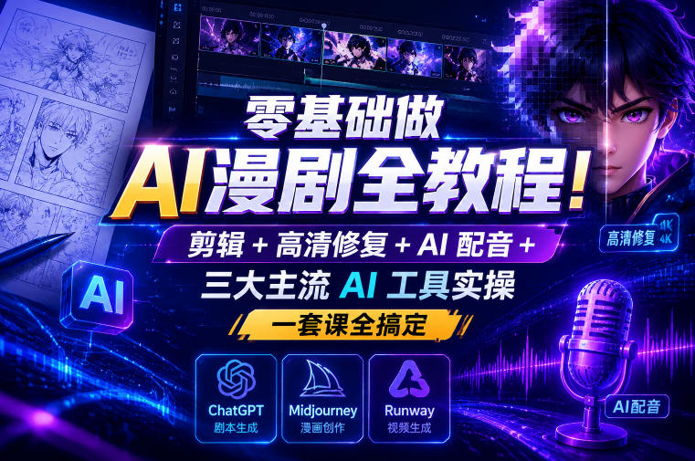 零基础做AI漫剧全教程！剪辑+高清修复+AI配音+三大主流AI工具实操，一套课全搞定-海之城短剧项目