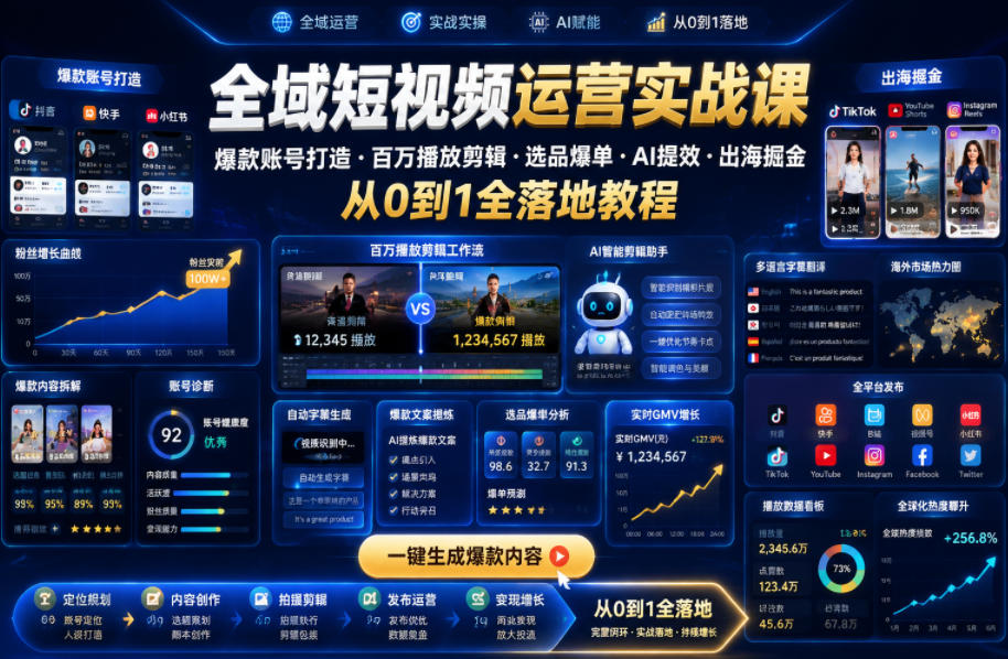 全域短视频运营实战课，爆款账号打造・百万播放剪辑・选品爆单・AI提效・出海掘金，从0到1全落地教程-海之城短剧项目