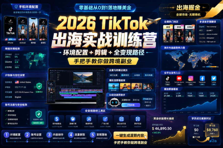 2026 TikTok出海实战训练营，环境配置 + 剪辑 + 全变现路径，手把手教你做跨境副业-海之城短剧项目