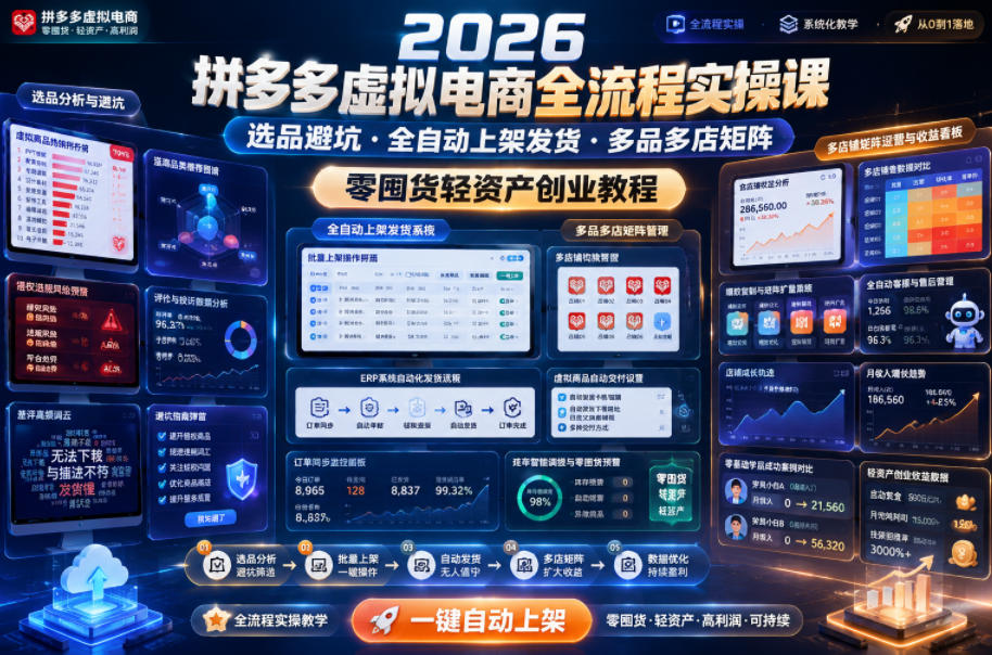 2026拼多多虚拟电商全流程实操课，选品避坑・全自动上架发货・多品多店矩阵，零囤货轻资产创业教程-海之城短剧项目