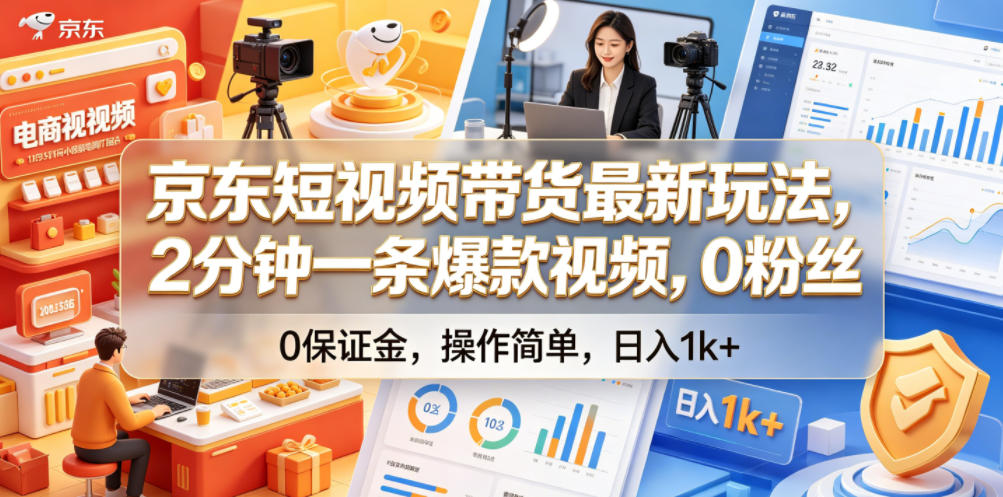 京东短视频带货最新玩法，2分钟一条爆款视频，0粉丝，0保证金，操作简单，日入1k+-海之城短剧项目
