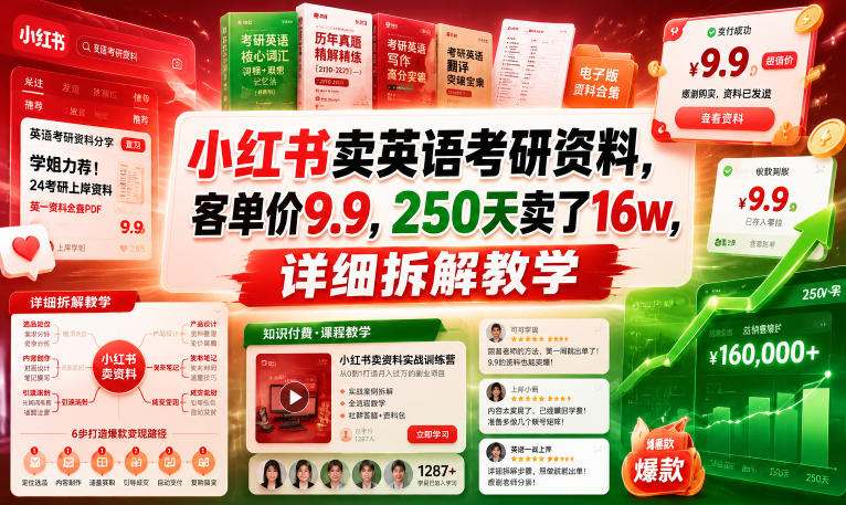 小红书卖英语考研资料，客单价9.9，250天卖了16w，详细拆解教学-海之城短剧项目