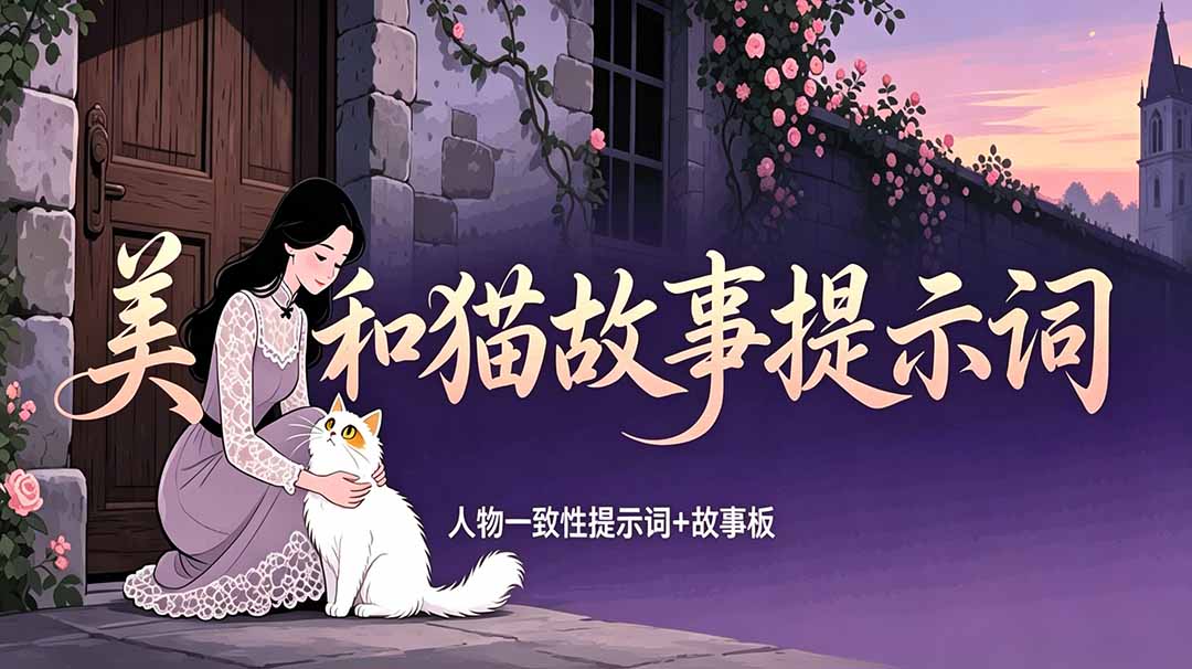 美女和猫故事提示词，人物一致性提示词+故事板-海之城短剧项目