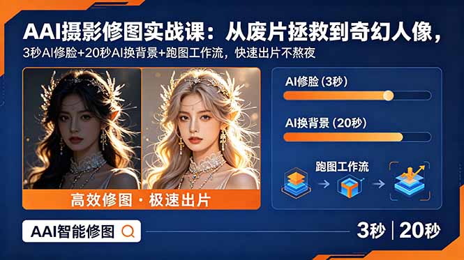 AI摄影修图实战课：从废片拯救 到 奇幻人像，3秒AI修脸+20秒AI换背景+跑图工作流，快速出片不熬夜-海之城短剧项目