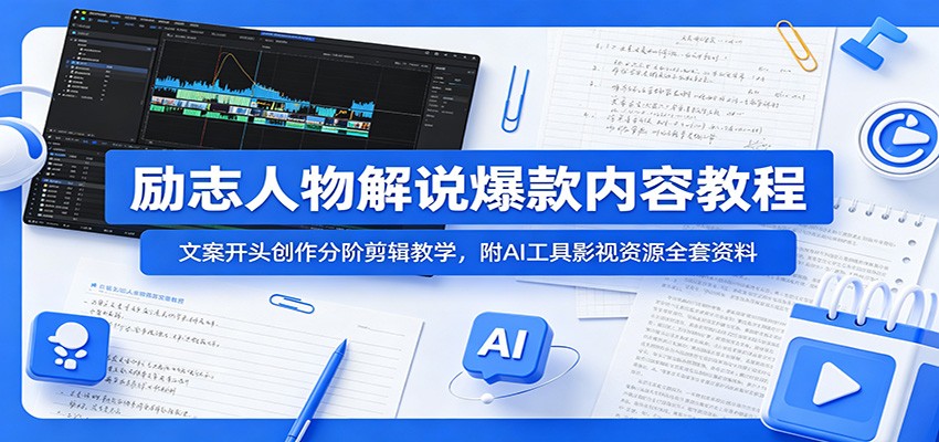励志人物解说爆款内容教程：文案开头创作分阶剪辑教学，附AI 工具影视资源全套资料-海之城短剧项目