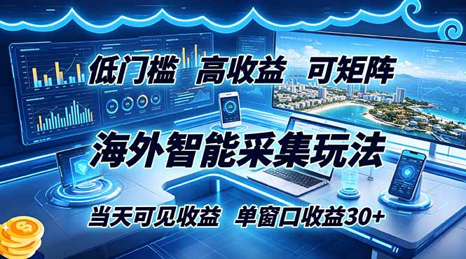 海外智能采集玩法，低门槛高单价可矩阵，当天可见收益，单窗口30+-海之城短剧项目