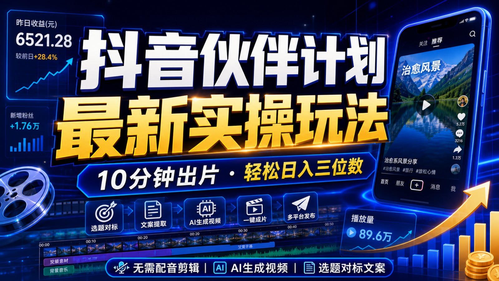 抖音伙伴计划最新暴利玩法，不用找素材和剪辑，10分钟出一条原创视频，轻松日入三位数-海之城短剧项目