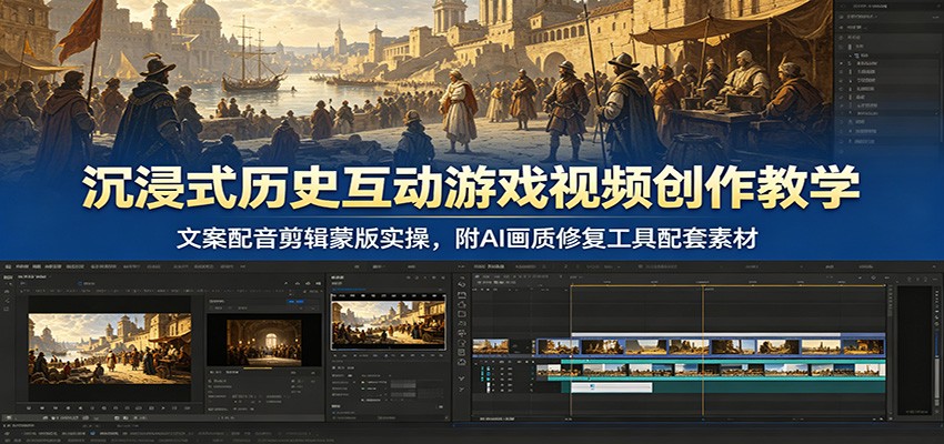 沉浸式历史互动游戏视频创作教学：文案配音剪辑蒙版实操，附AI画质修复工具配套素材-海之城短剧项目