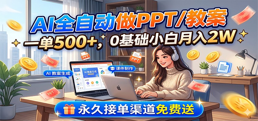 AI全自动做PPT/教案，一单500+，0基础小白月入2W，永久接单渠道免费送-海之城短剧项目