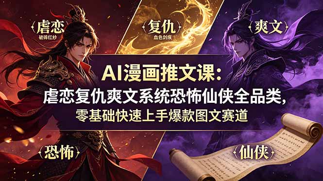 AI漫画推文课：虐恋复仇爽文系统恐怖仙侠全品类，零基础快速上手爆款图文赛道-海之城短剧项目