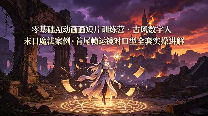 零基础AI动画短片训练营，古风数字人末日魔法案例，首尾帧运镜对口型全套实操讲解-海之城短剧项目