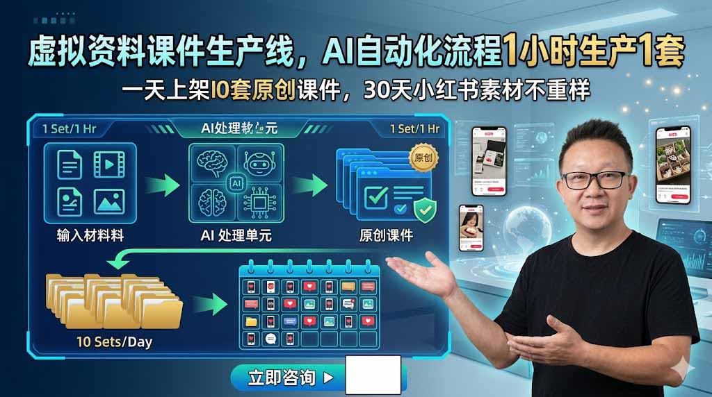 虚拟资料课件生产线，AI自动化流程1小时生产1套，一天上架10套原创课件，30天小红书素材不重样-海之城短剧项目