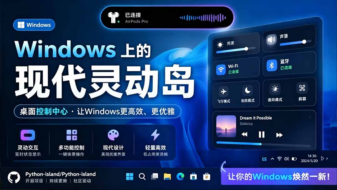 Windows也能拥有桌面灵动岛！现代化的系统控制中心，让你的电脑多个黑刘海，PyIsland-海之城短剧项目