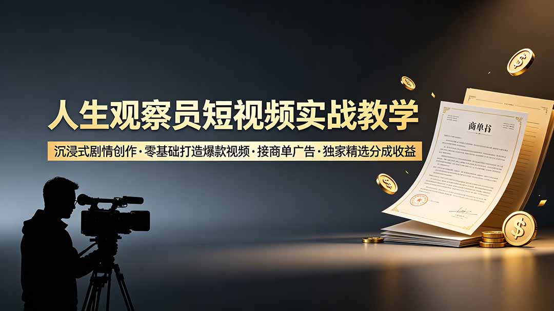人生观察员短视频实战教学，沉浸式剧情创作，零基础打造爆款视频，接商单广告，独家精选分成收益-海之城短剧项目