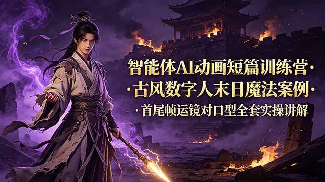 智能体AI动画短篇训练营-更新，古风数字人末日魔法案例，首尾帧运镜对口型全套实操讲解-海之城短剧项目
