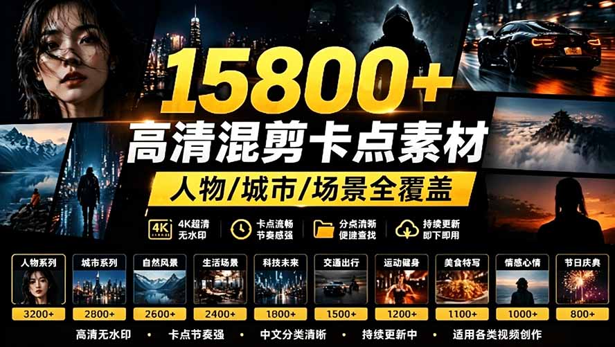 【影视剪辑素材合集】15800+高清混剪卡点｜热门影视精彩片段｜人物/城市/场景全覆盖，中文分类清晰-海之城短剧项目