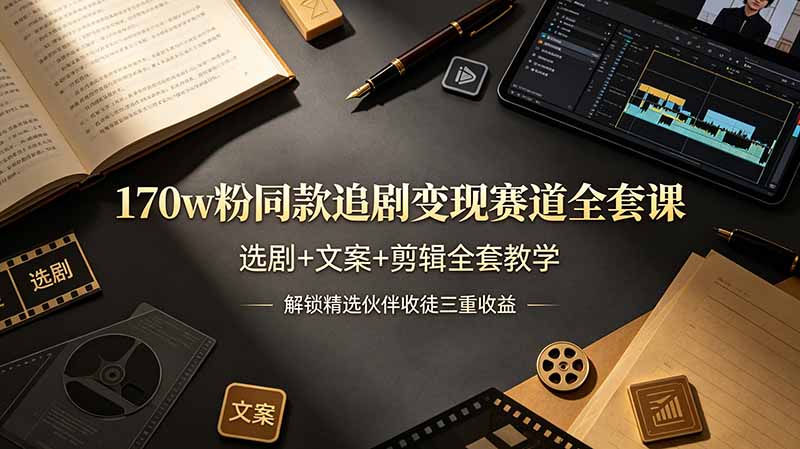 170w粉博主同款追剧变现赛道全套课，选剧+文案+剪辑全套教学，解锁精选伙伴收徒三重收益-海之城短剧项目