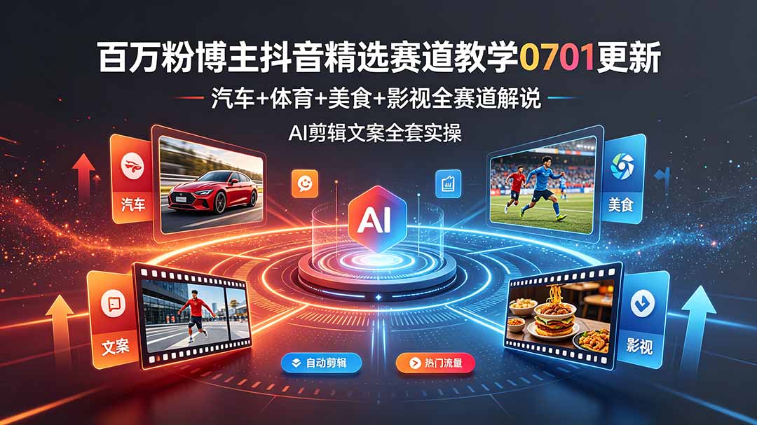 百万粉博主抖音精选赛道教学-0701更新，汽车+体育+美食+影视全赛道解说，AI剪辑文案全套实操-海之城短剧项目