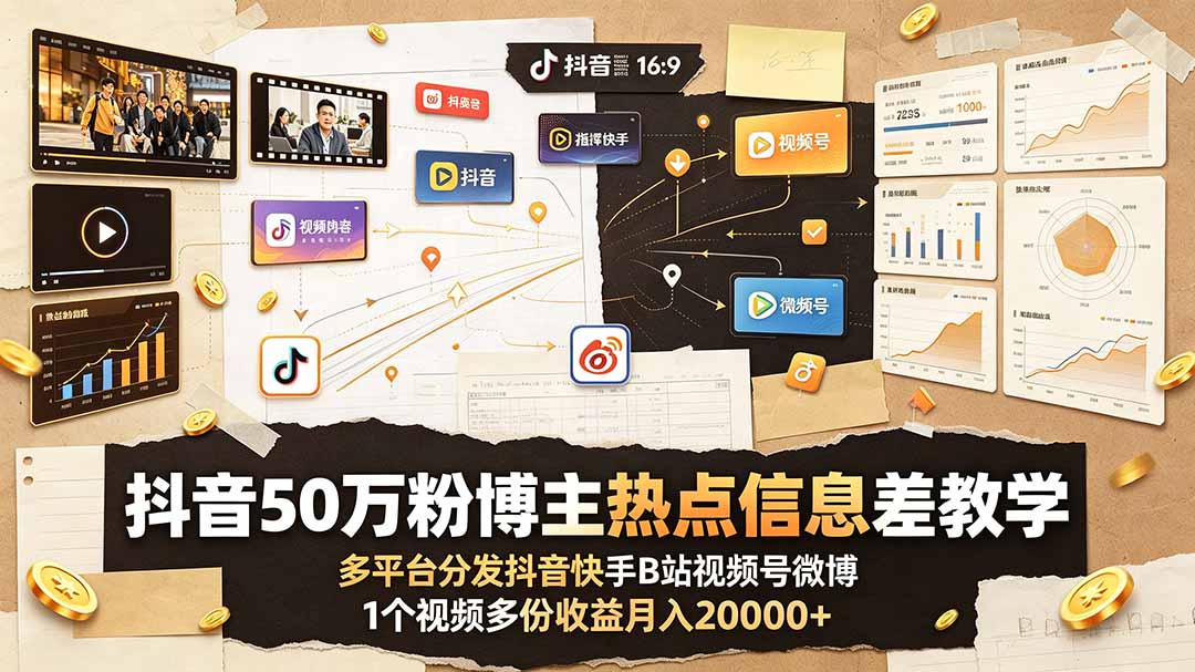 抖音50万粉博主热点信息差教学：多平台分发抖音快手B站视频号微博，1个视频多份收益月入20000+-海之城短剧项目