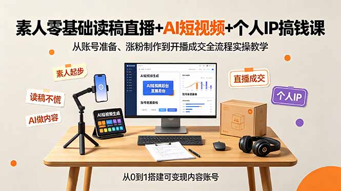 素人零基础读稿直播+AI短视频+个人IP搞钱课，从账号准备、涨粉制作到开播成交全流程实操教学-海之城短剧项目
