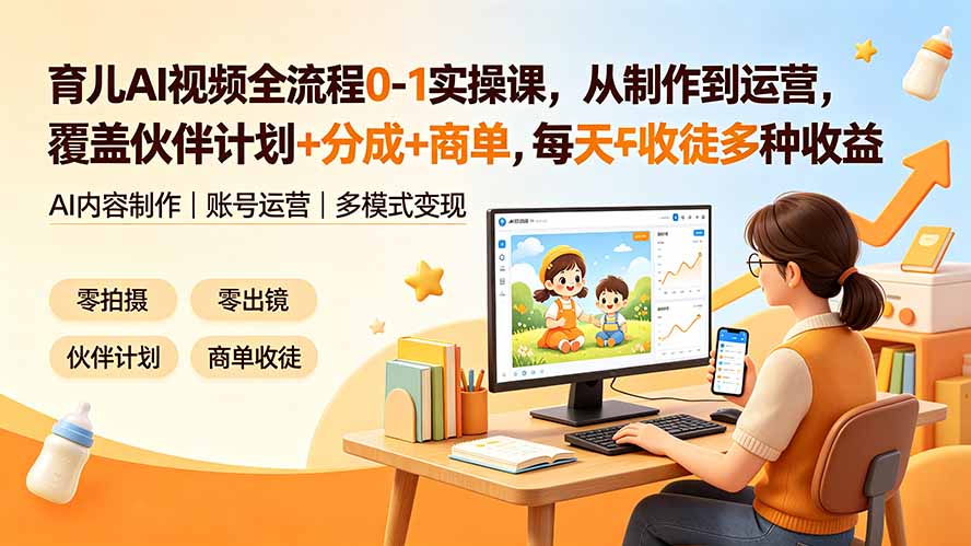 育儿AI视频全流程0-1实操课，从制作到运营，覆盖伙伴计划+分成+商单+收徒多种收益，每天500+收益-海之城短剧项目